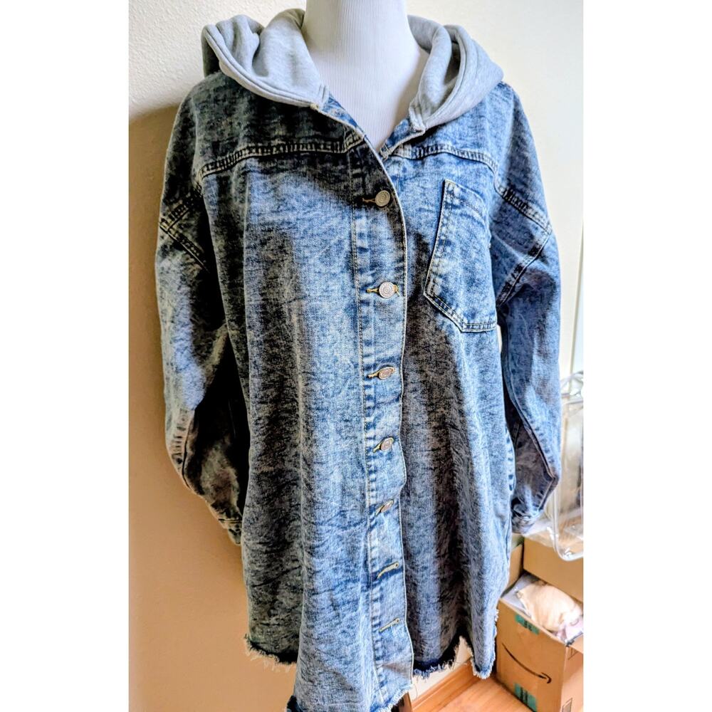 Thrill JeanHooded Denim Jacket | Button Front | Distressed | Blue Gray - Picture 3 of 3
